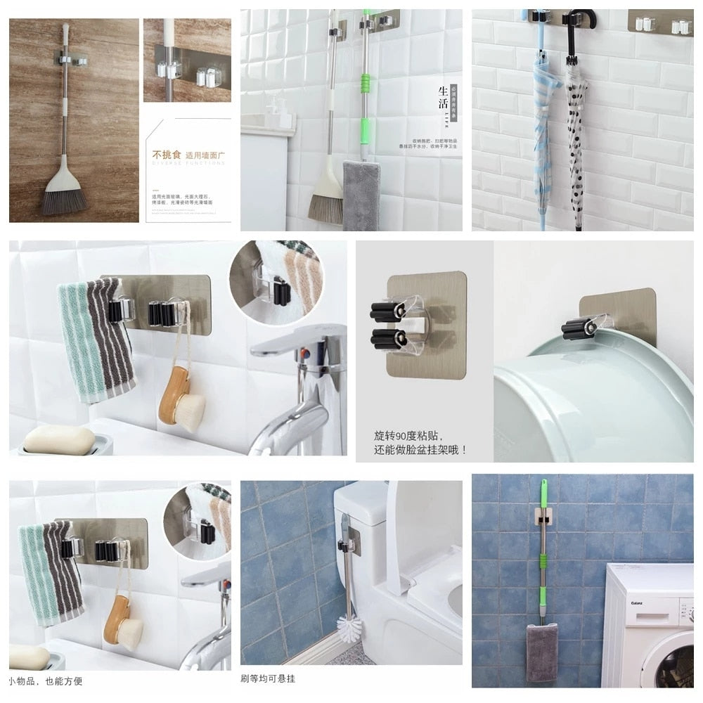 Adhesive Multi-Purpose Hooks Wall Mounted Mop Organizer Holder RackBrush Broom Hanger Hook Kitchen Bathroom Strong Hooks