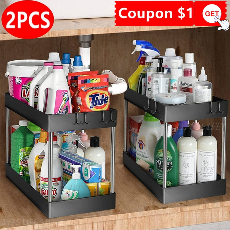 2 PCS Under Sink Organizers and Storage - 2 Tier Clear Bathroom Organizer  Countertop, Multifunction Pull out Cabinet Organizer with 4 Movable